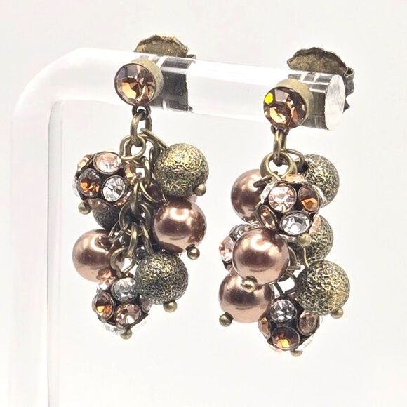 Vintage-Inspired Cluster Earrings Faux Pearl Rhinestone Gold Tone Post‎ Dangle - Picture 1 of 4